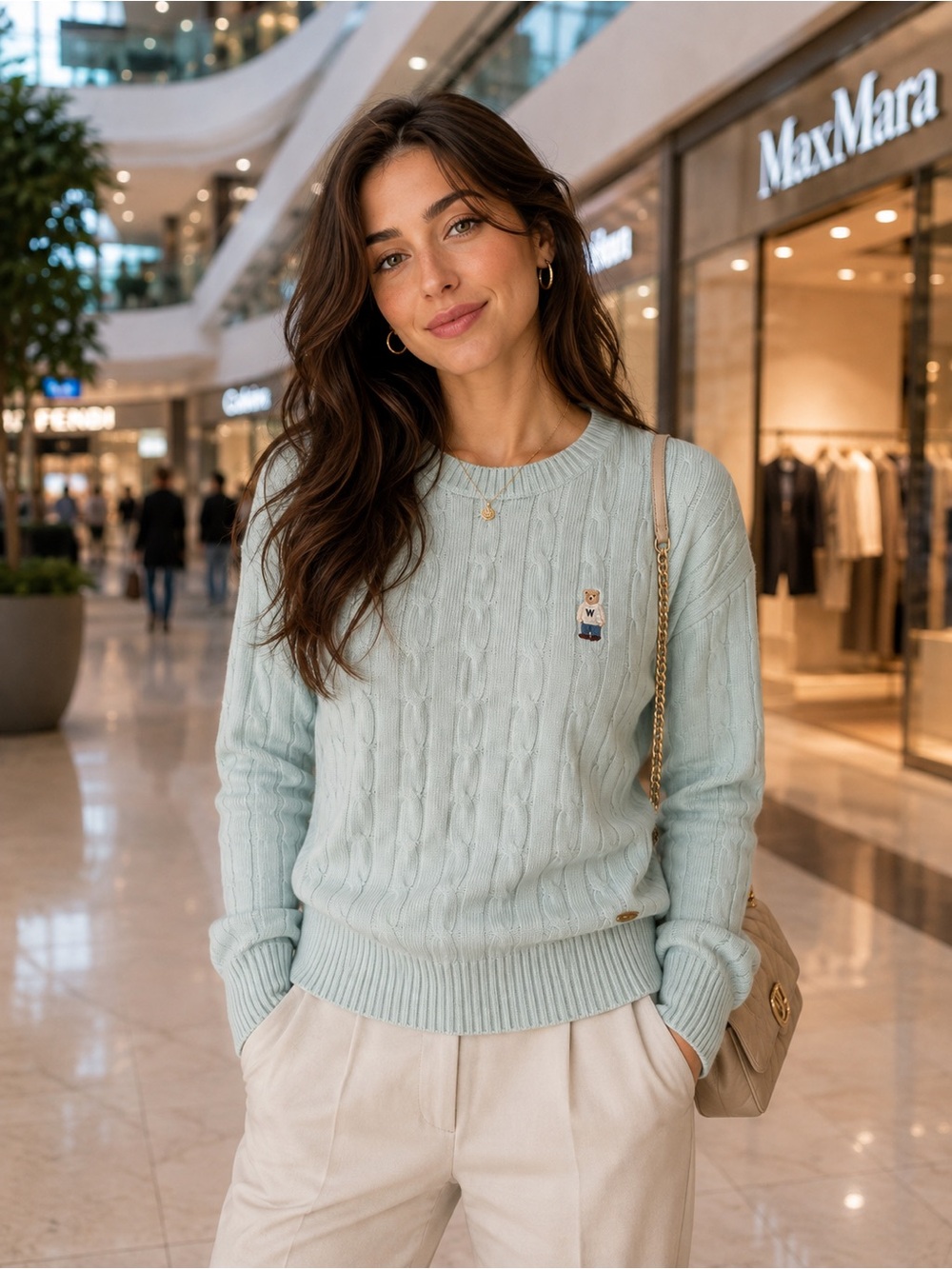 Cable-Knit Crewneck Sweater in Pale Blue